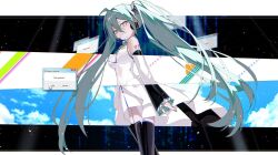Rule 34 | 1girl, ahoge, aqua hair, aqua nails, bare shoulders, black sleeves, black thighhighs, breasts, cleavage, clothing cutout, collared shirt, commentary, cowboy shot, cursor, dress, english text, frilled sleeves, frills, from below, from side, hair between eyes, hatsune miku, headset, highres, light blush, long hair, navel cutout, reirou (chokoonnpu), shirt, shoulder tattoo, sidelocks, sleeveless, sleeveless shirt, solo, split theme, symbol-only commentary, tattoo, thighhighs, thighs, twintails, very long hair, vocaloid, white dress, white eyes, white shirt, white sleeves, window (computing), zettai ryouiki
