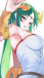 Rule 34 | 1girl, absurdres, armpits, blush, bracelet, breasts, circlet, commentary request, dress, gold bracelet, green eyes, green hair, green nails, heart, highres, jewelry, kid icarus, large breasts, long hair, looking at viewer, nintendo, palutena, parted lips, simple background, solo, straight hair, upper body, very long hair, white background, white dress, yasaikakiage