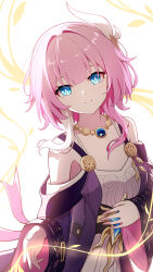 1girl absurdres blue_eyes breasts chinese_commentary cleavage coat commentary_request cyrene_(honkai:_star_rail) dress hair_ornament highres honkai:_star_rail honkai_(series) jewelry looking_at_viewer medium_hair multicolored_hair mxirony necklace pink_hair purple_coat small_breasts smile solo two-tone_hair white_background white_dress white_hair