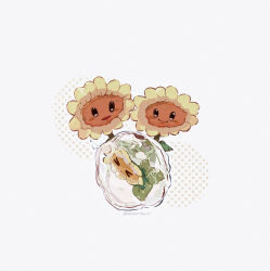 Rule 34 | &gt; &lt;, :d, air bubble, black eyes, bubble, closed eyes, closed mouth, commentary, film grain, flower, flower focus, from above, grey background, halftone, halftone background, highres, hightguy, leaf, no humans, open mouth, plants vs. zombies, simple background, smile, solid oval eyes, sunflower, sunflower (plants vs. zombies), symbol-only commentary, twin sunflower (plants vs. zombies)