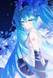1girl absurdres bare_shoulders black_skirt black_sleeves blonde_hair blue_eyes blue_flower blue_hair blue_necktie blue_sky blurry blurry_background blush breasts closed_mouth collared_shirt commentary_request cowboy_shot detached_sleeves floral_background flower from_side hair_between_eyes hair_ornament hatsune_miku highres long_hair long_sleeves looking_at_viewer medium_breasts miniskirt necktie night night_sky number_tattoo outdoors petals pleated_skirt shirt skirt sky sleeveless sleeveless_shirt smile solo standing taigaphan tattoo twintails very_long_hair vocaloid white_flower white_shirt wide_sleeves