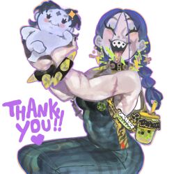 2girls backpack bag bare_shoulders black_collar black_hair black_nails blush blush_stickers bracelet braces braided_twintails breasts bubble_tea character_doll character_name collar cross cross_earrings cup curtained_hair disposable_cup doll dress drink drinking_straw earrings eyeshadow facial_mark facial_scar facing_viewer forehead_mark garlic_(keziedra) green_dress green_eyeshadow green_lightning hands_up heart highres holding holding_stuffed_toy invisible_chair jewelry keziedra kiwi_print lightning_bolt_earrings lightning_bolt_symbol long_eyelashes long_hair looking_at_viewer low_twintails makeup mismatched_earrings multiple_earrings multiple_girls multiple_scars nail_polish open_mouth original outline parted_bangs piercing purple_eyeshadow purple_outline scar scar_on_arm scar_on_cheek scar_on_face sharp_teeth sitting smile spiked_bracelet spiked_collar spikes star_(symbol) star_facial_mark strapless strapless_dress stuffed_toy tapioca_(keziedra) teeth thank_you tongue tongue_out tongue_piercing twintails upper_teeth_only yellow_bag
