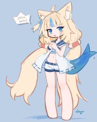 1girl :3 ahoge animal_ear_fluff animal_ears artist_name bikini bikini_under_shorts blonde_hair blue_background blue_eyes blue_hair blunt_bangs cat_ears ceroro dress fang fins fish_tail frilled_shirt_collar frills full_body highres indie_virtual_youtuber interlocked_fingers lifebuoy_hair_ornament long_hair looking_at_viewer low_twintails midriff multicolored_hair navel open_clothes open_dress open_mouth own_hands_clasped own_hands_together paper_boat sameko_saba scrunchie short_dress short_shorts shorts simple_background sleeveless smile solo speech_bubble standing streaked_hair striped_bikini striped_clothes swimsuit tail twintails very_long_hair virtual_youtuber white_dress wrist_scrunchie