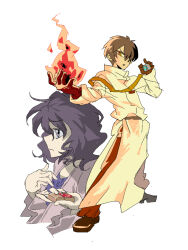 Rule 34 | 1boy, 1girl, belt, black hair, blue sweater, brown belt, brown eyes, brown gloves, brown hair, brown shoes, capelet, closed mouth, coat, commentary request, fire, gloves, gold trim, grey eyes, grey jacket, holding, holding lighter, jabuchi you, jacket, lighter, long sleeves, medium hair, natsumi (723type), open mouth, pants, pyrokinesis, red pants, saibou shinkyoku, shoes, sweater, tsukishiro yanagi, v-shaped eyebrows, white capelet, white coat