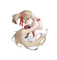 1girl armor armpit_crease arms_up bare_shoulders bracelet breastplate brown_hair commentary hair_ribbon highres jewelry looking_at_viewer mouth_hold red_eyes red_plate_(kyuu45) red_ribbon ribbon silica simple_background sleeveless solo sword_art_online tying_hair white_background