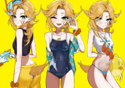 1girl absurdres ahoge ass ass_cutout bikini bird bird_tail black_shirt blonde_hair blush breasts butt_crack clothing_cutout crop_top cross_scar dokibird_(vtuber) dokibird_(vtuber)_(summer) dragoon_(dokibird) ear_piercing earrings fang feather_hair from_behind goggles goggles_on_head green_eyes hair_tie hawaiian_shirt highres holding holding_water_gun indie_virtual_youtuber jewelry long_hair looking_at_viewer looking_back low_side_ponytail midriff mont_pha multiple_views navel necklace one-piece_swimsuit one_eye_closed orange_scrunchie piercing pointy_ears ponytail pout scar scar_on_arm scrunchie shirt shorts simple_background sleeveless sleeveless_shirt smile snorkel sweatdrop swim_goggles swimsuit tail tail_through_clothes virtual_youtuber water_balloon water_gun white_shirt wrist_scrunchie yellow_background yellow_bird yellow_shorts