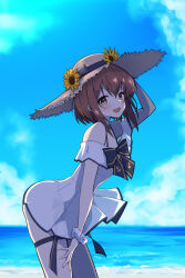 1girl absurdres beach blue_sky breasts brown_eyes brown_hair day dress from_side hat highres kantai_collection leaning_forward ocean official_alternate_costume open_mouth outdoors shiba_(zudha) short_hair sky small_breasts smile solo speaking_tube_headset straw_hat sun_hat sundress white_dress yukikaze_(kancolle) yukikaze_(summer)_(kancolle) yukikaze_kai_ni_(kancolle)