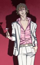 1boy adam&#039;s_apple baisha belt blonde_hair blue_eyes cocktail_glass collarbone collared_shirt cowboy_shot cup dress_pants drinking_glass drop_shadow film_grain formal_clothes hair_behind_ear hand_in_pocket head_tilt highres holding holding_cup jacket legs_together long_sleeves looking_at_viewer male_focus mature_eyes mr._spader parted_lips partially_unbuttoned pectoral_cleavage pectorals pink_shirt raised_eyebrows red_background shirt shirt_tucked_in short_hair solo standing suit suit_jacket swept_bangs underlighting wavy_hair white_suit yuppie_psycho