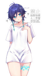 1boy :o absurdres aqua_eyes aqua_hair black_hair blush braid genshin_impact gradient_hair highres leg_tattoo long_hair male_focus momochiwood multicolored_hair open_mouth shirt solo tattoo twin_braids venti_(genshin_impact) white_background white_shirt