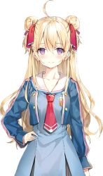 1girl blonde_hair blue_dress blue_jacket blush breasts closed_mouth cropped_jacket double_bun dress hair_between_eyes hair_bun hair_ornament hair_ribbon hairclip hand_on_own_hip jacket long_hair long_sleeves looking_at_viewer momoko_(momopoco) neckerchief official_art oshiego_ni_kyouhaku_sareru_no_wa_hanzai_desu_ka? purple_eyes red_neckerchief red_ribbon ribbon school_uniform short_dress simple_background sleeves_past_wrists smile solo transparent_background yayaya_yaya