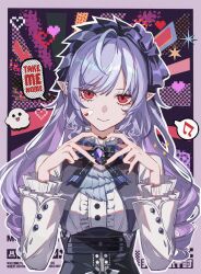Rule 34 | 1girl, abstract background, ascot, bandaid, bandaid on face, black bow, black bowtie, black nails, bow, bowtie, breasts, center frills, closed mouth, commentary, english text, four-finger heart hands, frilled sleeves, frills, heart, heart hands, highres, large breasts, long hair, long sleeves, looking at viewer, mole, mole under eye, multicolored hair, musical note, nail polish, pointy ears, purple ascot, purple bow, purple bowtie, purple hair, red eyes, shirt, smile, solo, spoken musical note, streaked hair, upper body, very long hair, vivian (zenless zone zero), white shirt, zenless zone zero, zerotabi1210
