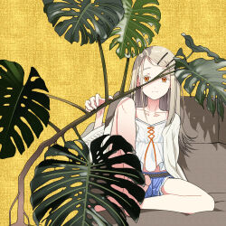 1girl absurdres bare_legs barefoot camisole collarbone colored_eyelashes commentary commission denim denim_shorts flipped_hair gakuen_idolmaster gradient_hair grey_hair highres idolmaster leg_up light_smile long_hair looking_at_viewer multicolored_hair orange_hair plant robe rope_belt shinosawa_hiro short_shorts shorts sitting solo swept_bangs toes very_long_hair white_camisole white_robe yawl