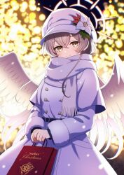 1girl alternate_costume backlighting bag blue_archive blush brown_hair buttons capelet christmas christmas_tree closed_mouth coat commentary cowboy_shot double-breasted feathered_wings floating_hair flower fringe_trim fur-trimmed_coat fur_trim gesupi_(provlemsolver57) hair_between_eyes hair_ornament halo happy hat hat_flower highres holding holding_bag leaf_hair_ornament long_hair long_sleeves looking_at_viewer mistletoe nagisa_(blue_archive) night outdoors peaked_cap pink_halo red_flower scarf smile snowing solo split_mouth v_arms very_long_hair white_capelet white_coat white_flower white_hat white_scarf white_wings wings winter_clothes yellow_eyes