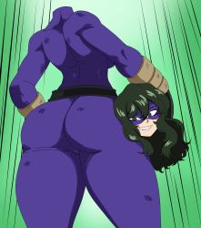 1girl ass belt blue_bodysuit bodysuit boku_no_hero_academia charge_sol cowboy_shot detachable_head disembodied_head domino_mask emphasis_lines from_behind gradient_background green_background green_hair grin highres huge_ass long_hair looking_at_viewer mask purple_bodysuit reptile_girl sharp_teeth skin_tight smile solo standing teeth thick_thighs thighs tokage_setsuna wide_hips