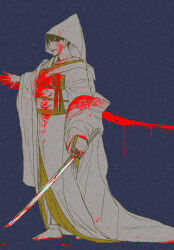 ace_attorney blood blood_on_clothes blood_on_face bride dress highres holding holding_sword holding_weapon japanese_clothes katana kazuma_asogi kimono p_(po_dgs) red_lips shiromuku sword the_great_ace_attorney uchikake weapon