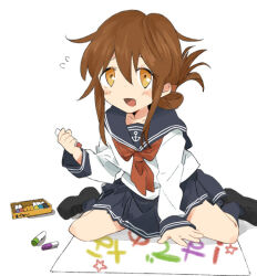 1girl anchor_symbol black_sailor_collar black_skirt black_socks blush brown_hair crayon flying_sweatdrops folded_ponytail holding holding_crayon inazuma_(kancolle) kantai_collection kinari long_sleeves nanodesu_(phrase) neckerchief open_mouth red_neckerchief sailor_collar school_uniform serafuku sign simple_background sitting skirt socks solo star_(symbol) white_background
