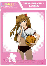 Rule 34 | 00s, 1girl, absurdres, artist name, bare legs, blue eyes, breasts, brown hair, buruma, calendar, clothes lift, female focus, gainax, gym uniform, hair ornament, highres, long hair, navel, neon genesis evangelion, rebuild of evangelion, scan, shirt lift, simple background, smile, solo, souryuu asuka langley, standing, sweat, thighs, tsurumaki kazuya, twintails, white background