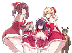 5girls animal_costume bell black_hair blonde_hair breasts brown_hair capelet christmas cleavage clothes_grab dress dress_grab dress_tug elbow_gloves fur-trimmed_capelet fur-trimmed_dress fur-trimmed_gloves fur-trimmed_skirt fur-trimmed_thighhighs fur_trim furutachi_kurea gloves hair_ornament hairclip hand_on_own_chest hat hibi_wa_sugiredo_meshi_umashi higa_tsutsuji highres hoshi_nana kashi kawai_mako large_breasts light_smile long_hair looking_back medium_breasts medium_hair miniskirt multiple_girls neck_bell ogawa_shinon open_mouth parted_lips red_capelet red_dress red_gloves red_skirt reindeer_costume santa_costume santa_hat short_dress simple_background skirt strapless strapless_dress thighhighs twintails white_background white_thighhighs x_hair_ornament