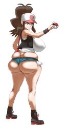 1girl baseball_cap between_breasts black_boots black_vest blue_eyes boots breasts cleavage full_body hat hilda_(pokemon) huge_breasts long_hair matsumaruyama nintendo poke_ball poke_ball_(basic) pokemon pokemon_bw ponytail short_shorts shorts simple_background skindentation solo standing tank_top undersized_clothes vest white_background white_tank_top wide_hips wristband