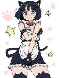 1girl absurdres animal_ears apron black_hair blue_eyes blush bow cat_ears cat_tail commentary_request cowboy_shot dress embarrassed gloves gundam gundam_gquuuuuux highres moqrin777 shiiko_sugai short_hair solo star_(symbol) tail thighhighs wavy_mouth