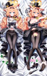 1girl absurdres animal_ear_fluff animal_ears black_bow black_shoes blue_archive blue_eyes blush bow breasts clothes_lift collarbone commentary_request crotch_cutout dakimakura_(medium) dress dress_lift eyes_visible_through_hair footwear_bow full_body hair_intakes hairband halo hand_on_own_chest highres long_hair looking_at_viewer lying mari_(blue_archive) mari_(idol)_(blue_archive) medium_breasts microphone multiple_views navel nipples on_back on_bed open_mouth orange_hair pantyhose sak_(lemondisk) shoes sleeveless smile torn_clothes torn_pantyhose yellow_halo
