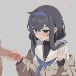 1boy 1girl aaua black_hair blue_archive blue_eyes cardigan censored grey_background hair_between_eyes halo handshake highres long_hair mosaic_censoring off-shoulder_cardigan off-shoulder_sweater off_shoulder parted_lips penis simple_background sweater ui_(blue_archive)