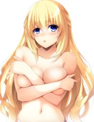 1girl blonde_hair blue_eyes blush braid breast_hold breasts collarbone commentary_request convenient_censoring covering_breasts covering_privates doria_(p_f_dolia) female_focus french_braid hair_between_eyes highres large_breasts long_hair looking_at_viewer navel neptune_(series) open_mouth panties simple_background solo topless_female underwear underwear_only upper_body vert_(neptunia) very_long_hair white_background white_panties