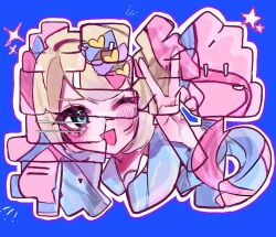 Rule 34 | !, !!, 1girl, ;d, blonde hair, blue background, blue eyes, blue hair, blue serafuku, border, bow, chouzetsusaikawa tenshi-chan, colored tips, hair bow, highres, looking at viewer, multicolored hair, multiple hair bows, needy girl overdose, one eye closed, open mouth, ornate border, osakana tarou (sakana0 03), pink hair, quad tails, school uniform, serafuku, smile, solo, sparkle, star (symbol), text focus, v