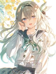 1girl aqua_hair black_hairband black_sailor_collar bow bowtie bright_pupils commentary firefly_(honkai:_star_rail) firefly_(spring_missive)_(honkai:_star_rail) floating_hair flower green_bow green_bowtie grey_hair hair_between_eyes hair_ornament hairband hand_up honkai:_star_rail honkai_(series) long_hair long_sleeves looking_at_viewer multicolored_eyes official_alternate_costume open_mouth revision sailor_collar school_uniform shirt simple_background skirt smile solo toosaka_asagi white_background white_pupils white_shirt