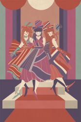 3girls alternate_costume black_hair bow breasts brown_hair cleavage closed_eyes dress erica_fontaine gemini_sunrise gloves hair_ribbon happy hat high_heels highres instrument long_hair long_skirt low_ponytail maracas medium_breasts multiple_girls open_mouth ponytail red_bow red_hair ribbon sakura_taisen sakura_taisen_iii sakura_taisen_v shinguuji_sakura skirt tongue