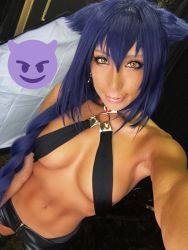1girl breasts choker collar cosplay dark-skinned_female dark_skin female_focus highres jahy jahy-sama_wa_kujikenai! long_hair navel nonsummerjack photo_(medium) short_shorts shorts solo toned toned_arms toned_belly toned_female toned_stomach yellow_eyes