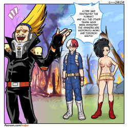 1girl 2boys aftersex black_hair blue_eyes blush boku_no_hero_academia breasts comic english_text forest gauntlets large_breasts multiple_boys nature nipples nude present_mic red_footwear red_hair redjet segmented_comic speech_bubble todoroki_shoto white_hair yaoyorozu_momo