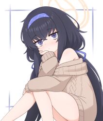 1girl absurdres arm_rest bare_legs bare_shoulders black_hair blue_archive blue_eyes blue_hairband blue_ribbon brown_sweater closed_mouth crossed_bangs feet_out_of_frame from_side hair_between_eyes hair_ribbon hairband halo hand_up head_on_hand head_rest highres jitome knees_together_feet_apart knees_up long_hair long_sleeves looking_at_viewer low_twintails naked_sweater nuu_(pixiv_4731829) off_shoulder ribbon ringed_eyes sitting sleeves_past_wrists solo sweater twintails ui_(blue_archive) very_long_hair yellow_halo
