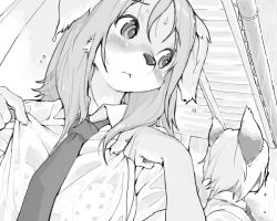 2girls animal_hands blush body_fur bra bus_stop cat_girl claws dog_girl furry furry_female greyscale kikurage_(crayon_arts) long_hair monochrome multiple_girls original outdoors rain school_uniform see-through_clothes see-through_shirt shirt underwear upper_body wet wet_clothes