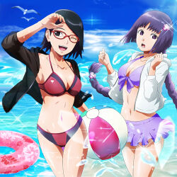 2girls age_difference ball bare_arms bare_legs bare_shoulders beachball bikini black_hair borusumi boruto:_naruto_next_generations braid breasts female_focus floater highres kakei_sumire light_particles long_hair multiple_girls naruto naruto_(series) ocean official_art official_style one_eye_closed outdoors purple_hair side-tie_bikini_bottom small_but_busty soaked swimsuit thighs uchiha_sarada very_long_hair wet