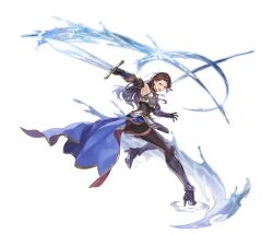 Rule 34 | 1girl, absurdres, armor, armored boots, artist request, black dress, black thighhighs, blue cape, boots, bracer, breastplate, brown hair, cape, clerant (goddess order), dress, dynamic pose, elbow gloves, faulds, game cg, gloves, goddess order, green eyes, high heels, highres, holding, holding sword, holding weapon, long hair, looking back, looking to the side, non-web source, official art, open mouth, pencil dress, ripples, simple background, sleeveless, solo, standing, standing on one leg, sword, tachi-e, thighhighs, transparent background, v-shaped eyebrows, waist cape, water, weapon
