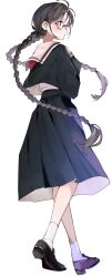 1girl black_eyes black_hair black_serafuku braid enomoto_nao expressionless full_body glasses highres loafers long_hair looking_at_viewer original parted_lips profile school_uniform serafuku shoes simple_background skirt solo twin_braids very_long_hair white_background