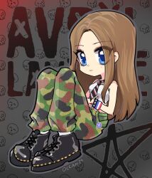 1girl 2000s_(style) animification avril_lavigne black_eyeshadow black_shoes blonde_hair blue_eyes bracelet breasts camouflage camouflage_pants character_name commentary english_text eyeshadow fashion green_pants highres jewelry long_hair looking_at_viewer makeup necktie oceaninspace pants punk real_life shoes sitting small_breasts solo spiked_bracelet spikes striped_necktie tank_top white_tank_top wristband y2k_fashion
