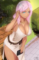 Rule 34 | 1girl, :o, absurdres, aqua eyes, bead necklace, beads, beige dress, belt, bench, breasts, brown belt, bush, castell, cleavage, collarbone, dark-skinned female, dark skin, dress, earrings, en&#039;en no shouboutai, falling petals, floral print, flower-shaped pupils, grass, hand in own hair, hibana (enen no shouboutai), highres, holding, jewelry, large breasts, leaning forward, long hair, looking at viewer, nail polish, necklace, open mouth, park bench, petals, pink hair, pocketbook, print dress, red nails, side slit, solo, spaghetti strap, symbol-shaped pupils, tan, tree