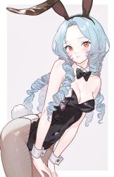 1girl animal_ear_hairband animal_ears black_leotard black_pantyhose blue_hair border breasts character_request cleavage copyright_request covered_navel fake_animal_ears fake_tail fishnet_pantyhose fishnets hairband highres leotard long_hair looking_at_viewer marking_on_cheek multiple_drills nayu_come outside_border pantyhose playboy_bunny rabbit_ear_hairband rabbit_ears rabbit_tail red_eyes solo strapless strapless_leotard tail white_border wrist_cuffs