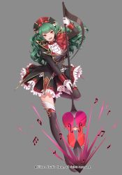 1girl beamed_quavers company_name crotchet_rest curly_hair fangs female_focus full_body gloves goggles goggles_on_head green_hair grey_background gyakushuu_no_fantasica hat instrument long_hair millgua musical_note musical_note_print official_art open_mouth polearm quaver quaver_rest red_eyes simple_background solo spear thighhighs treble_clef violin weapon
