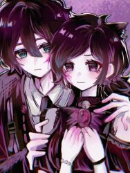 Rule 34 | 1boy, 1girl, aegyo sal, alternate costume, andrew graves, animal ears, anmo418, ashley graves, bare shoulders, behind another, black bow, black bowtie, black hair, black jacket, black necktie, blood, blood on cheek, blood on face, bow, bowtie, bracelet, breasts, brother and sister, cat ears, cat girl, chinese commentary, chromatic aberration, closed mouth, clothing cutout, collared shirt, commentary request, double-parted bangs, film grain, frilled shirt, frills, frown, green eyes, hair between eyes, halftone, hand on another&#039;s arm, hand on another&#039;s shoulder, hands on own chest, hands up, heart, heart-shaped pupils, highres, jacket, jewelry, kemonomimi mode, leaning forward, long sleeves, looking at another, low ponytail, medium hair, necktie, outline, pale skin, pearl bracelet, pink blood, pink brooch, pink eyes, ponytail, ringed eyes, shirt, short hair, short sleeves, shoulder cutout, siblings, small breasts, smile, symbol-shaped pupils, the coffin of andy and leyley, upper body, white outline, white shirt