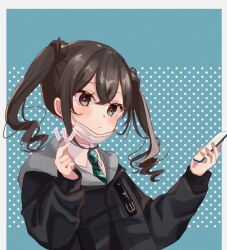 1girl black_hair black_jacket blue_background blush brown_eyes cellphone closed_mouth collared_shirt commentary_request green_necktie hands_up highres holding holding_phone idolmaster idolmaster_cinderella_girls jacket long_hair long_sleeves looking_at_viewer mask mask_pull mole mole_under_eye mouth_mask necktie phone polka_dot rino_cnc shirt smartphone snapping_fingers sunazuka_akira twintails upper_body white_mask white_shirt