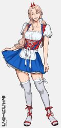 1girl absurdres blonde_hair chainsaw_man clothes_lift collarbone commentary demon_girl demon_horns dress dutch_clothes english_commentary fangs frilled_dress frills full_body head_tilt highres horns long_hair looking_at_viewer mikey_pie parted_bangs power_(chainsaw_man) red_horns short_dress simple_background solo thighhighs translation_request twintails white_background white_thighhighs zettai_ryouiki
