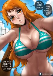 1girl absurdres bikini blue_sky blush breasts cloud commentary echo_saber english_commentary english_text eyelashes from_below highres large_breasts lips long_hair looking_at_viewer nami_(one_piece) net one_piece orange_eyes orange_hair outdoors outstretched_arms parted_lips patreon_username sky solo speech_bubble stomach sweat swimsuit talking