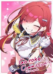 Rule 34 | 1girl, ahoge, akane lize, armband, breasts, closed eyes, commission, cowboy shot, crop top, cross, cross earrings, earrings, epaulettes, finger heart, frilled shirt collar, frills, glint, gloves, grin, hair ornament, hairclip, hand up, heart, highres, jewelry, long hair, medium breasts, midriff, mole, mole on cheek, multicolored hair, pleated skirt, red hair, red skirt, sake goroke, sash, second-party source, shirt, skirt, smile, solo, stellive, streaked hair, white gloves, white shirt, wrist cuffs