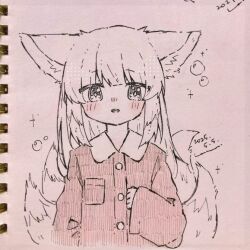 1girl animal_ears arknights blush fox_ears fox_girl fox_tail haru_(aona1122) kitsune kyuubi long_hair long_sleeves multiple_tails official_alternate_costume parted_lips solo spot_color suzuran_(arknights) suzuran_(pajamas)_(arknights) tail traditional_media