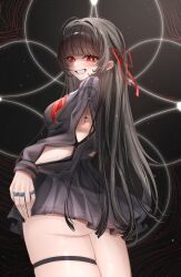 1girl absurdres arm_cutout ass black_background black_hair black_serafuku black_skirt blush breasts chisa_(wuthering_waves) clothing_cutout crop_top from_below from_side hair_ribbon highres long_hair looking_at_viewer los medium_breasts nail_polish neckerchief no_panties parted_lips pleated_skirt red_eyes red_neckerchief red_ribbon ribbon school_uniform serafuku skirt smile solo tacet_mark_(wuthering_waves) teeth thick_thighs thigh_strap thighs wuthering_waves