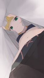 1girl black_bra black_panties blonde_hair bra closed_mouth commentary flat_chest from_below gochuumon_wa_usagi_desu_ka? green_eyes highres hiroki_(yyqw7151) kirima_syaro looking_at_viewer navel panties shirt short_hair solo underwear upshirt white_shirt