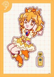 1girl arms_behind_back boots border bow cellphone clover clover_brooch cross-laced_clothes cross-laced_skirt cure_pine dot_nose dotted_line earrings eyelashes floating_hair four-leaf_clover fresh_precure! frilled_wrist_cuffs frills full_body grey_background grid_background hair_between_eyes hair_bow hair_ornament happy heart heart_earrings heart_hair_ornament high-waist_skirt high_heel_boots high_heels highres jewelry jumping kneehighs long_hair magical_girl miniskirt one_side_up open_mouth orange_boots orange_border orange_bow orange_eyes orange_hair outline petticoat phone precure puffy_wrist_cuffs purple_socks ribbon-trimmed_shirt ribbon_trim shirt short_sleeves signature skirt smile socks solo tareme uwded_207 waist_bag white_bag white_outline white_shirt wrist_cuffs yamabuki_inori yellow_skirt yellow_wrist_cuffs